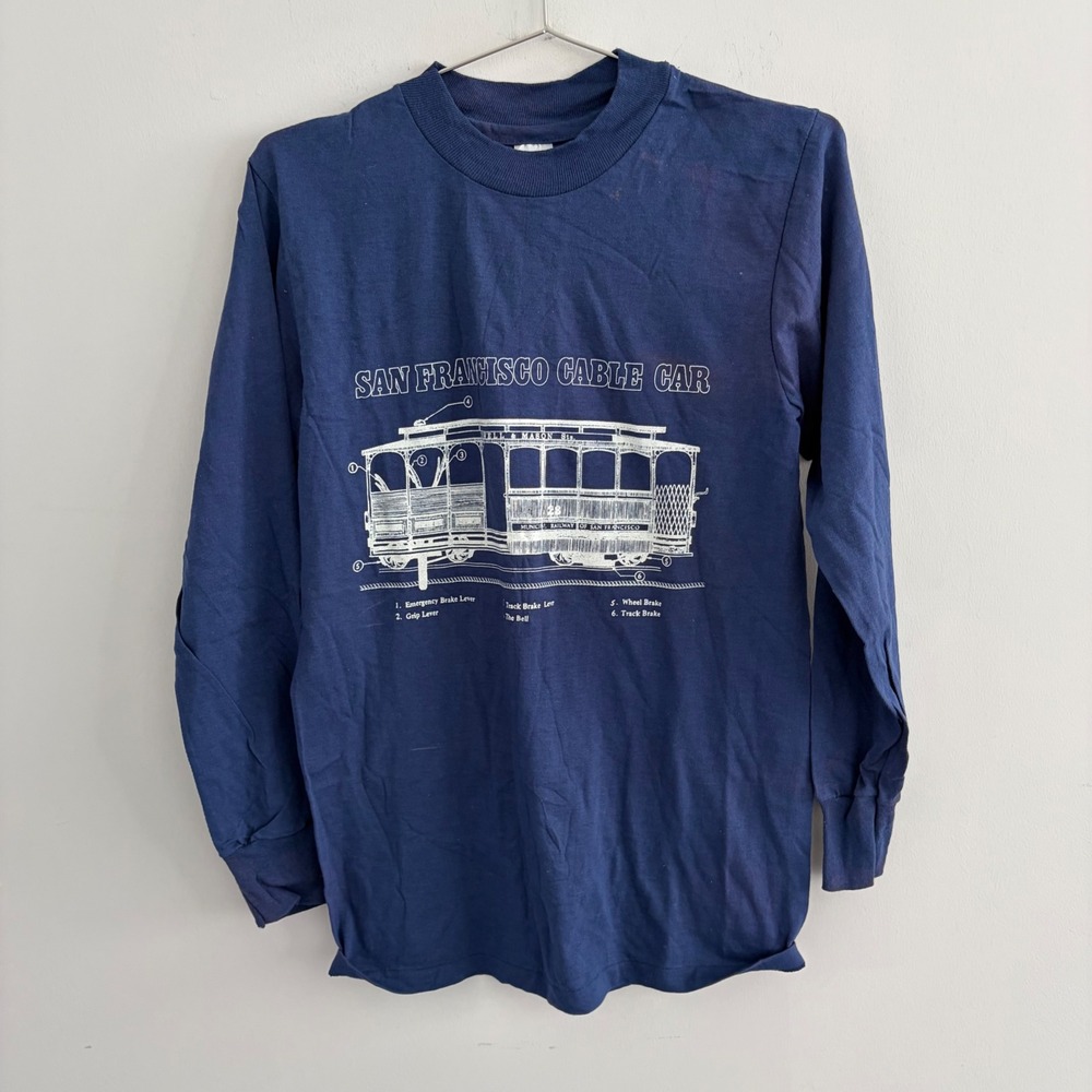Athtex Vintage San Francisco Cable Car Long Sleeve T-Shirt Navy Blue Small